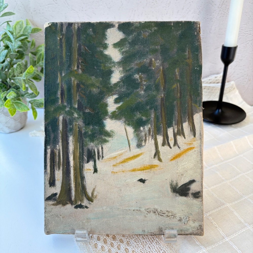 Vintage Original Oil Painting Winter Forest Landscape Pine Trees Snow 7x9.5